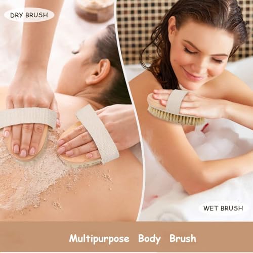 Image of KIMEE Premium Natural Bristle Dry Body Brush for Exfoliation, Lymphatic Drainage & Smooth Skin - Wooden Handle with Hand Strap, Spa-Quality Cellulite & Dead Skin Remover for Shower & Dry Brushing Routine