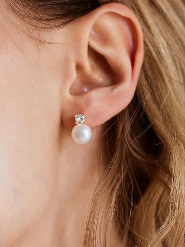 Fezgoat Pearl Earrings for Women-Dainty 14k Real Gold Plated Pearl Sterling Silver Post Trendy Diamond Stud Drop Earrings Bridal Wedding Jewelry3