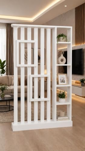 Image of Modern Wooden Room Divider with Storage Shelves | Partition for Living Room & Entryway | Decorative Display Rack with Vertical Slats ((108X48X6 White))