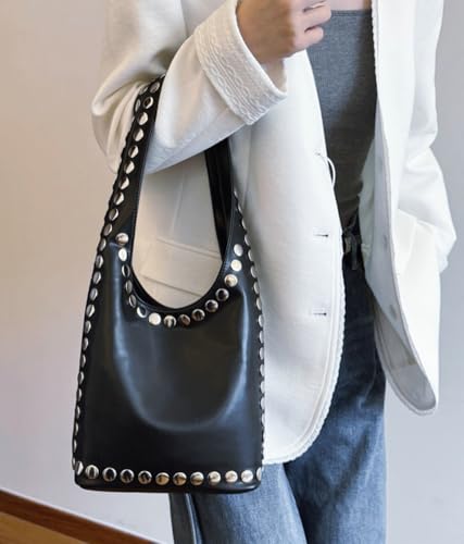 Cool Rivet Bucket Bag Stylish Solid Color Underarm Purse for Outdoor Party Travel Shoulder Bag for Women 20254