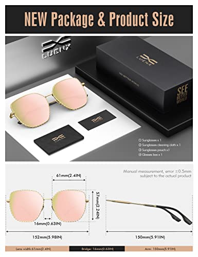 Image of LUENX Square Sunglasses for Women Oversized-Trendy Polygon Flat Three dimensional Rhombic Loop Wire Frame PC Lens, Gold Frame /Mirrored Pink Lens,