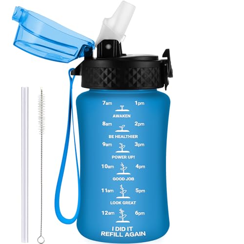 GOPPUS 350ml/12oz Kids Water Bottle With Straw Tritan Drinks Bottle with Strap Small Toddler Juice Bottles with Flip Top Lid Leakproof Children's Bottles with Time Marking Spillproof BPA free Girl Boy