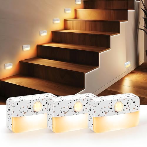 Image of Guankai 3 Pack Motion Sensor Stair Light for Indoor, Battery Operated Closet Lights, Wireless Stick on Anywhere Hallway Lamp, Portable Led Night Lamps for Bedroom Under Cabinet Kitchen,Terrazzo White