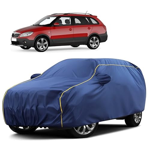 Image of Sulfar 100% Water Resistant Car Body Cover Compatible with Mirror for Skoda Fabia Scout (Triple Stitched, Full Bottom Elastic, Blue Taffeta with Yellow Piping)