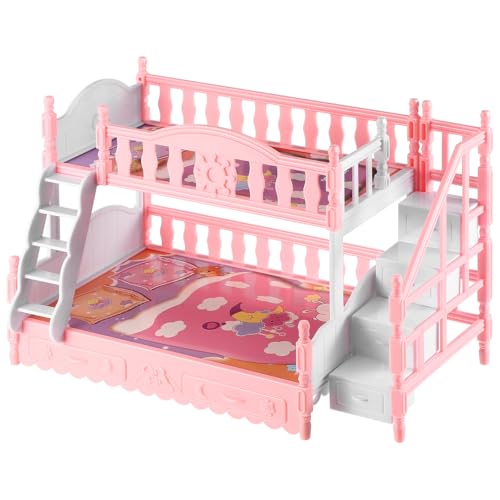 Toddmomy Puppen Doppelstockbett Set mit Leiter Miniatur Hochbett für Puppenhaus Möbel Mini Zubehör Modell zum Dekorieren von Puppenstuben Rosa