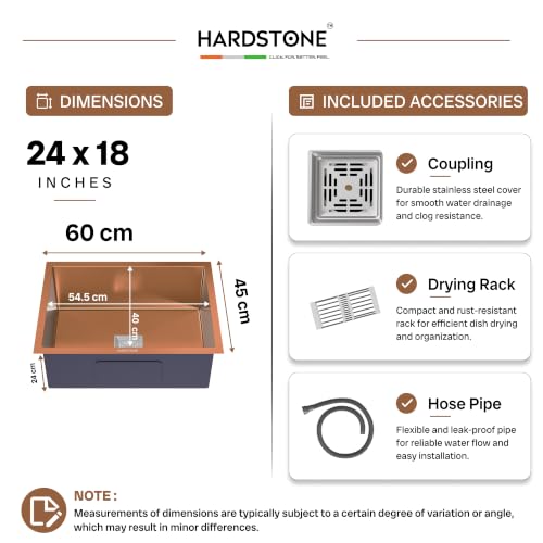 Image of HARDSTONE Premium Kitchen Sink | Single Bowl 24x18x9 Inch | Handmade Heavy Duty Stainless Steel Wash Basin with Matte Rose Gold Finish | Includes Waste Hose Pipe, Coupling & Drying Rack | Rose Gold
