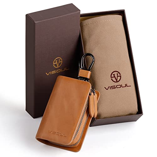 Image of VISOUL Car Key Case Holder Double Zipper, Leather Car Smart Key Fob Case with Keychain for Men and Women