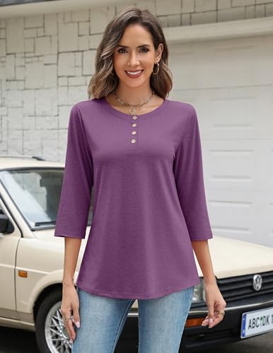 Zeagoo Womens Tops 3/4 Length Sleeve T Shirts Dressy Casual Button Down Blouses Spring Fall Clothes4