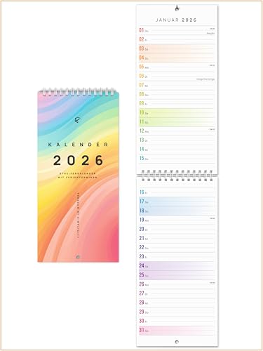 UNITURE Kompakter Wandkalender 2026 schmal [12 x 50 cm] Ideal für schmale Wände in Flur und Küche I Streifenkalender 2026 lang I Kalender 2026 lang und schmal I Küchenkalender