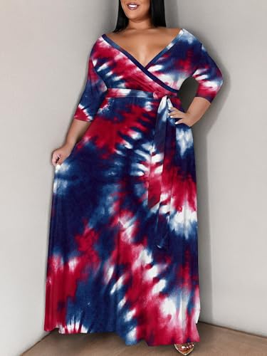 Image of SUZONANA Plus Size Maxi Dresses for Curcy Women Casual Loose 3 /4 Sleeve Long Dress with Belt