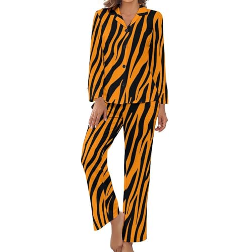 Pyjama femme imprimé rayures tigrées rétro ensemble vêtement de nuit à boutons
