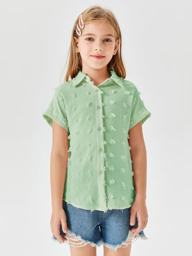 Image of Haloumoning Girls Button Down Shirts Short Sleeve Kids Casual Chiffon Blouse Summer Tops T-Shirt