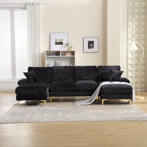 Sofá con función de dormir, sofá grande de 4 plazas, diseño moderno, muebles tapizados con sillas dobles para tumbonas, muebles de salón, sofá cama para salón, apartamento, villa, chenilla negra