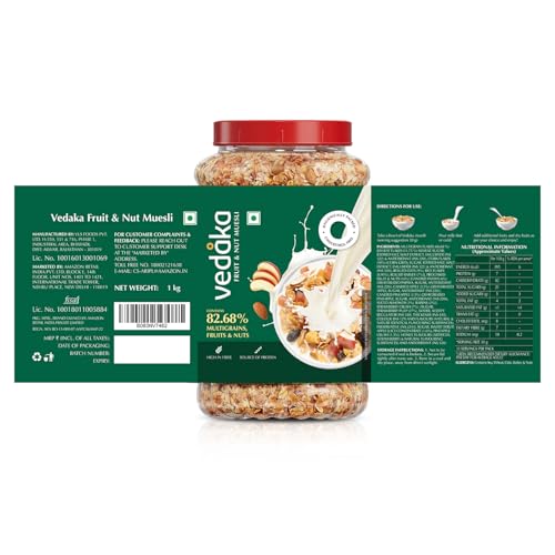 Image of Amazon Brand - Vedaka Fruit and Nut Muesli 1 kg Jar | Contains 82.68% Fruits, Nuts & Multigrains | High in Fiber | Source of Protein | Breakfast Cereal