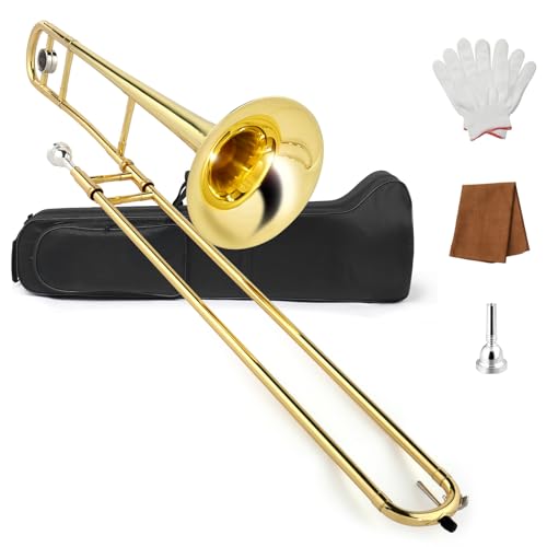 Ktaxon B Flat Tenor Trombone with Mouthpiece, Brass Slide Bb Trombones for Beginners, Portable Instrument Includes Cleaning Cloth, Gloves and Trombone Case (Golden)