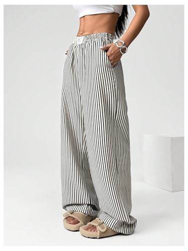 Women's Striped Wide Leg Pants Elastic Waist Letter Patched Long Trousers with Pockets3