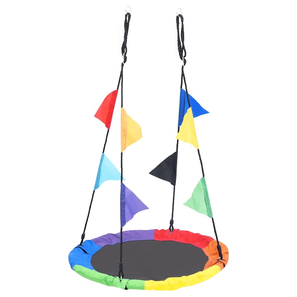 Columpio nido de 100 cm con banderas de arco iris, columpio redondo para niños con cuerdas ajustables, soporta hasta 100 kg, columpio de jardín para exteriores