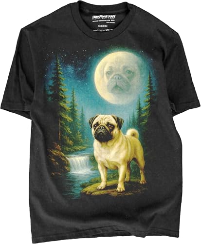 T-Shirt of Pugs Dramatic Night Scene Painting for Pug Mom and Dad Moonlit Design 100% Cotton (US Alpha X-Large Regular Regular Pugs Moon)