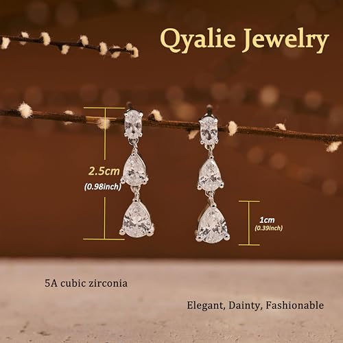 Qyalie Dangle Drop Earrings for Women Wedding Bridal Rhinestone Long Cubic Zircon Dangling Crystal Chandelier Sparkly 14K Gold Plated Dainty Trendy Jewelry (Silver-CZ-Teardrop)