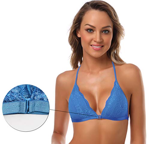 Image of SHEKINI Women's Embroidered Triangle Bra Front Closure Plunge Wireless Lightly Lined Lace Bralette Top
