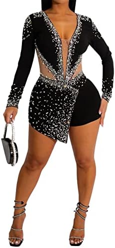 Womens Sexy Long Sleeve Deep V Neck Mesh Rhinestones Pearls Bodycon Party Clubwear Jumpsuit Rompers Black