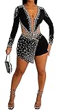 Recious Womens Sexy Long Sleeve Deep V Neck Mesh Rhinestones Pearls Bodycon Party Clubwear Jumpsuit Rompers Black