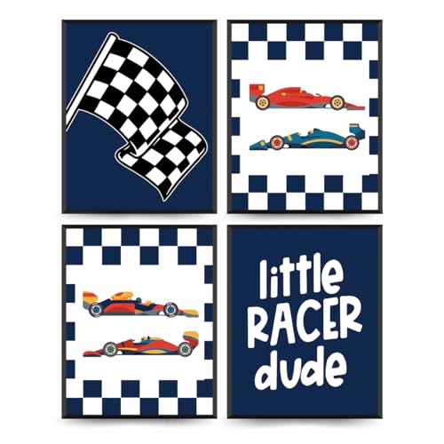 PLKMN Race Car Room Decor for Boys,Little Racer Dude 8x10 Art Print,Buffalo Plaid Decor,Inspirational Boys Room Quote Wall Art Poster for Boy Playroom Bedroom Decor Set of 4 Unframed （Navy Blue）