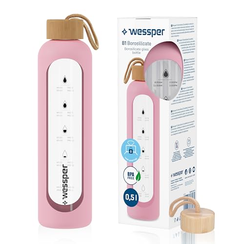 Wessper Botella de agua de cristal con marca de tiempo, a prueba de fugas, botella de cristal de borosilicato, sin BPA, botella de cristal motivadora con funda de silicona, 500 ml, color rosa