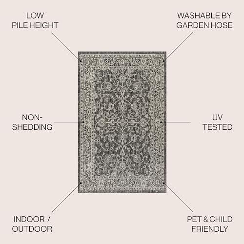 Image of JONATHAN Y Vine & Border Indoor Outdoor Round Area Rug 5 Ft Black /Gray, Palazzo Textured Weave for Backyard, Patio, Porch, Easy-Cleaning, High Traffic, Pet-Friendly, Non-Shedding (SMB103C-5R)