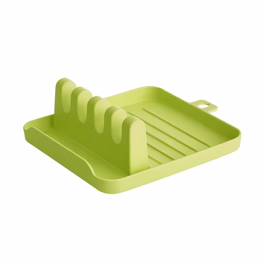 Lightweight Plastic Kitchen Cooking Spoon Rest with Drip Tray – Heat-Resistant BPA-Free Plastic Utensil Holder for Multiple Spoons & Kitchen Gadget, Pot Cover Holder (Green)