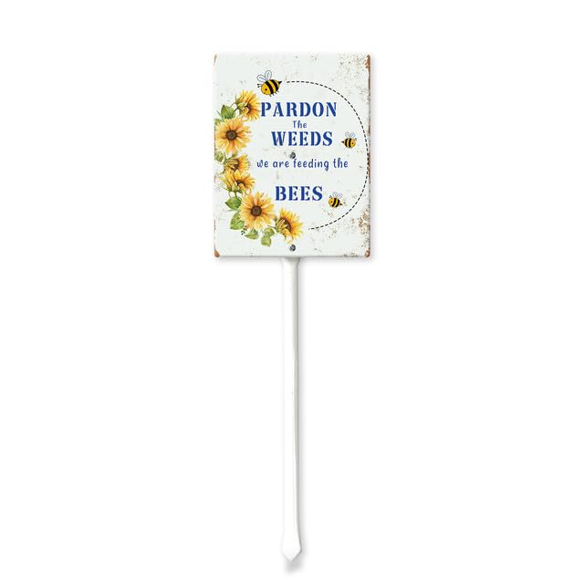 Bidesign (7X8.8) IN Pardon Our Weeds We Are Feeding the Bees Metal Lawn Sign Stand Yard Sign Sunflowers Metal Stakes Outside for Front Yard Garden Grass Tin Signs for Home Decor Outdoor