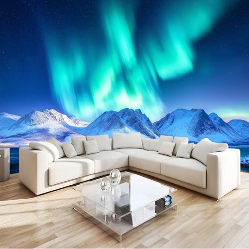 Autocollant Mural 3D Aurores Boréales Intissé | Papier Peint Photo Paysage Bleu 200 x 140 cm