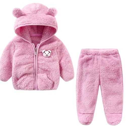 Image of Baby Teddy Bear Ear Soft Flannel Long Sleeve Hoodie & Leggings Unisex All Season Clothing Set For Baby Boys And Baby Girls