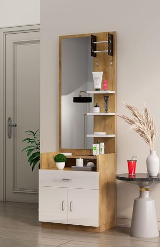 Image of Bniture Engineered Wood Dressing Table Mirror with 1-Drawer, Bangle Holder & Hooks | Vanity Mirror with Shelf (Giant Wood & Frosty White)