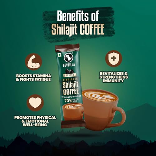 Image of Bevzilla Himalayan Shilajit Coffee Powder Sachets | 100g (40 Sachets x 2.5g) | 70% Fulvic Acid | Energy & Stamina Booster | Supports Muscle Recovery | 40 Cups | For Men & Women