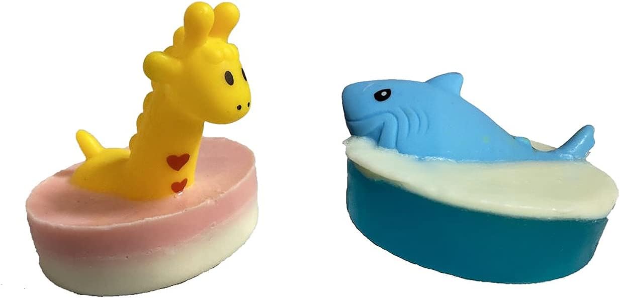 Little Warriors Handmade 3D Toys Kids Bath Soaps Pure Organic Goat Milk- Pack of 2- Giraffe and Fish (2 x 100 g)
