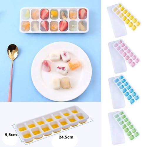 Kit 8 Forma Com Tampa Gelo Ice Flexivel Forminha Fundo Silicone 14 Cubos Alimentos Frutas Papinha (8