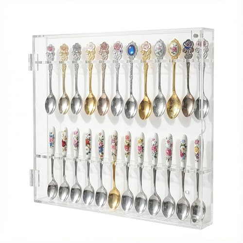 Souvenir Tea Spoon Display Case Rack Wall Display Cabinet Frame with Lockable Door (All Clear - 24 Spoon Holder)