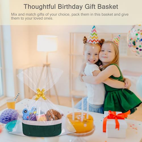 Image of Small Empty Gift Basket with Bag & Ribbons, White & Dark Green