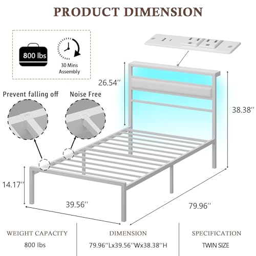 Image of OURPIC Twin Bed Frames for Kids, White Leather Twin Size Bed Frame with Charging Station & LED Lights, Metal Platform Bedframe with Upholstered Headboard and Storage Shelf, Easy Assembly