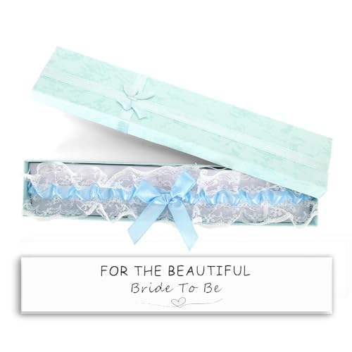 Kaempe Blue Garters for Brides Wedding Garters for Brides Wedding Gift with Greeting Card and Box Bow Lace Stretchable Bridal Gift Accessories for Party Engagement Bridal Shower (Light Blue)