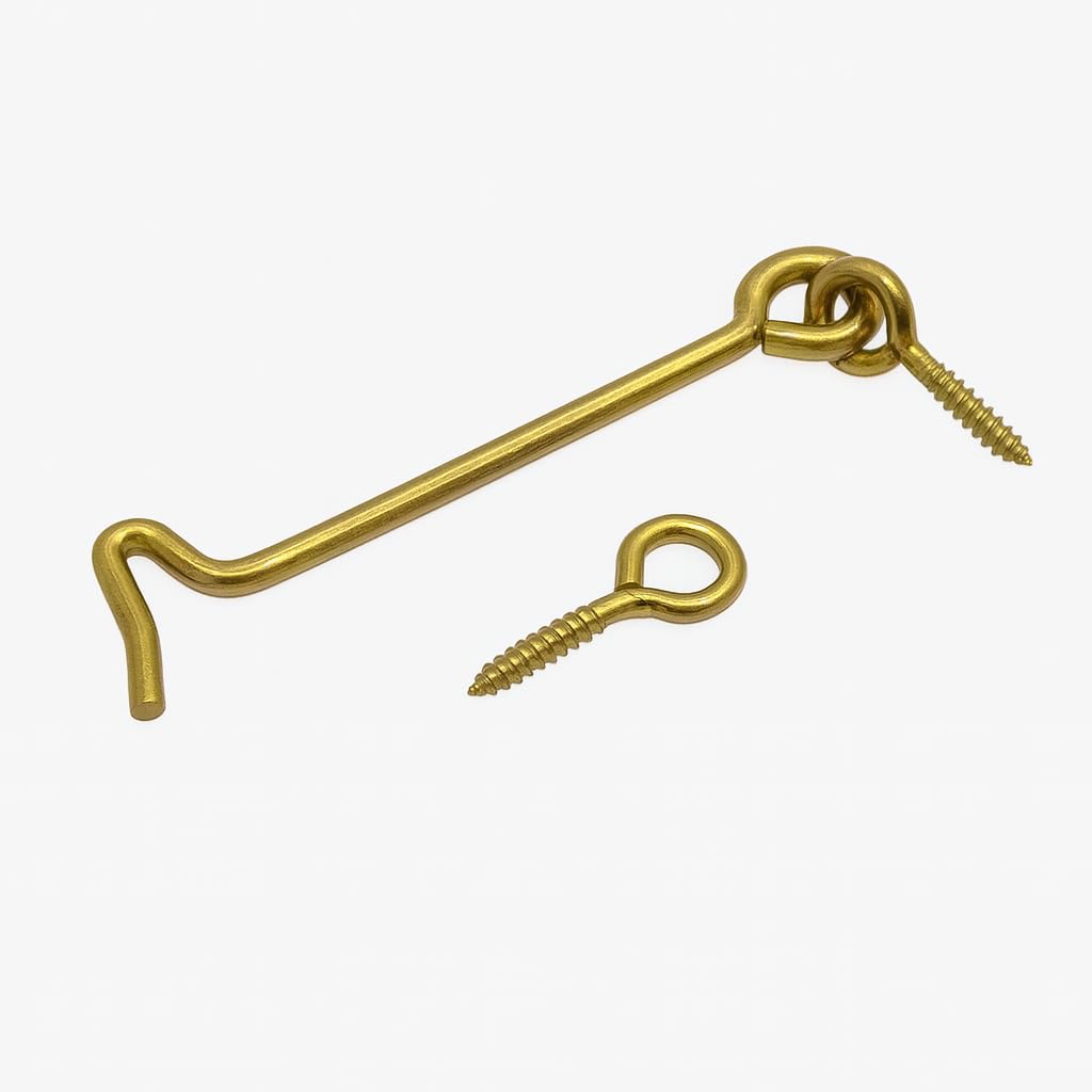KARTHI7OCT STORE 4 Inch Cabin Hook and Eye (Set of 5) – Brass Plated Iron Hooks Catch Door Lock for Gate, Window, Shed, Barn – Rust Resistant Windproof Swivel Holder with Screws – General Door Hook-image-16