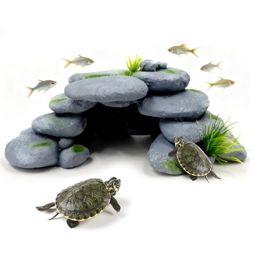 inheming Aquarium Deko Groß, Aquarium Deko Höhle mit Grün Gras, Mountain Polyresin Landschaft Fish Tank Resin Decorate, Felsenhöhle Rock Cave Dekoration 23cm*12.5cm*7.5cm