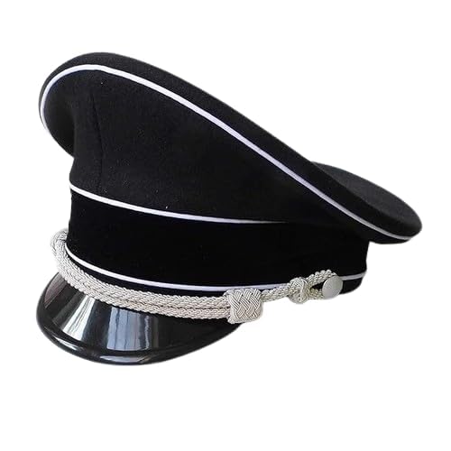 WW2 German Officer Hat Crusher Cap – Black Wool Military Replica | Silver Chin Cord | WWII Army Uniform Hat | Reenactment Costume Cap (58 cm)