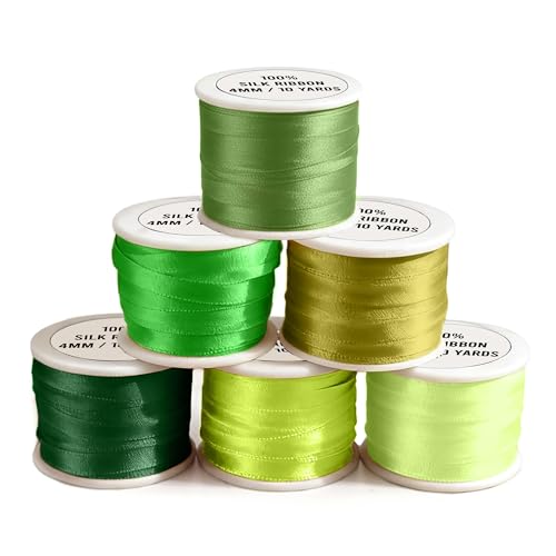 New ThreadNanny 6 Spools of 100% Pure Silk Ribbons - Green Tones - 60 MTS x 4mm