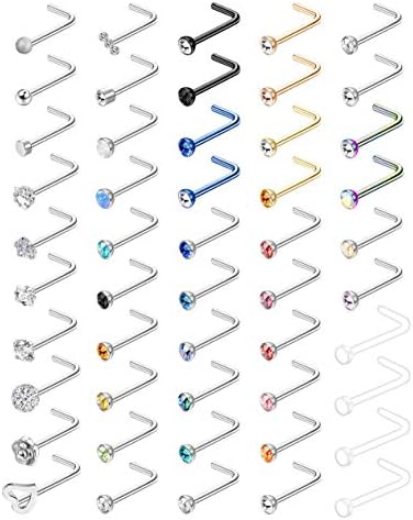 Jstyle 50Pcs 18G 20G L Shape Nose Studs Nose Rings Stud Stainless Steel Nose Piercings for Men Women CZ Clear Nose Stud Set L Shaped 20G