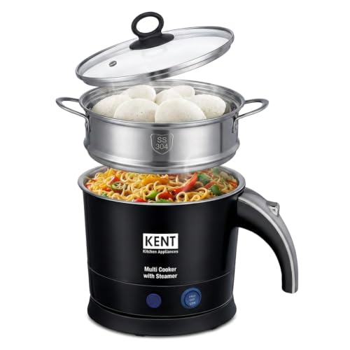 Image of KENT Electric Multicooker /Kettle with Steamer 1.2L 800W | Boiling of Water, Tea,Eggs, Instant Noodle Maker, Steaming idlis, Momos & Vegetables | Inner Stainless Steel & Cool Touch Outer Body | Black