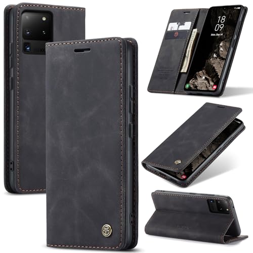 Azororo Handyhülle für Samsung Galaxy S20 Ultra 5G Hülle Premium Lederhülle Flip Case Magnet Tascher Kartenfach Standfunktion Klapphülle Schutzhülle für Samsung Galaxy S20 Ultra Schwarz