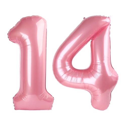 Image of Number Balloons 14 Balloon 40 inch Pearl Pink for 14 41 Birthday Decoration | Saturated Color, Large 40 in, With Straw & Hanging Hole, For Back-to-School Season, Wedding, Christmas, New Year, Anniversary