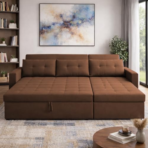 Image of Emilio 4 Seater LHS L - Shape Pull-Out Sofa Cum Bed Sofa for Living Room (Brown Fabric Color) Premium Fabric Sofa Set for Living Room Sofa Cum Bed
